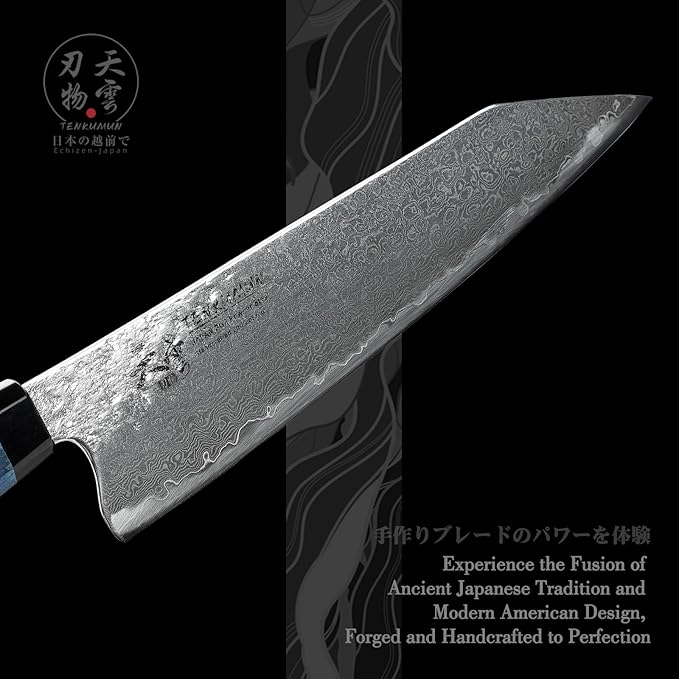 Tenkumun Japanese Gyutou Pro. Handcrafted 8 inch Chef Knife Handmade Forged Knife Japan VG-10 Super Damascus Steel -Kokoro ser. with Wood Handle