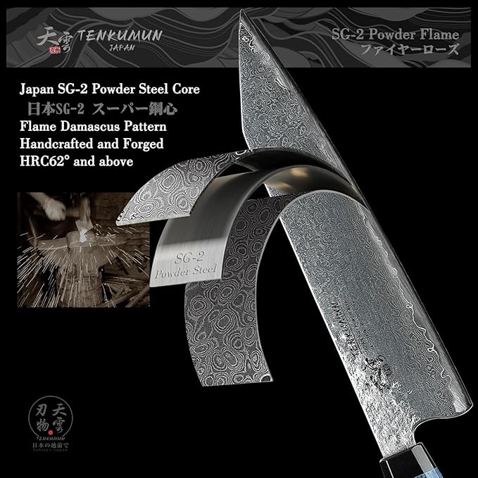 Tenkumun Japanese Gyutou Pro. Handcrafted 8 inch Chef Knife Handmade Forged Knife Japan VG-10 Super Damascus Steel -Kokoro ser. with Wood Handle