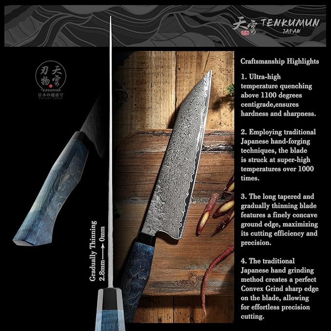 Tenkumun Japanese Gyutou Pro. Handcrafted 8 inch Chef Knife Handmade Forged Knife Japan VG-10 Super Damascus Steel -Kokoro ser. with Wood Handle