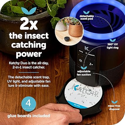 Katchy Duo Indoor Insect Trap with Scent Pod - Fan Powered with UV Light - Fruit Fly Traps for Indoors - for Fruit Flies, Gnats, Mosquitoes, Moths (Black)