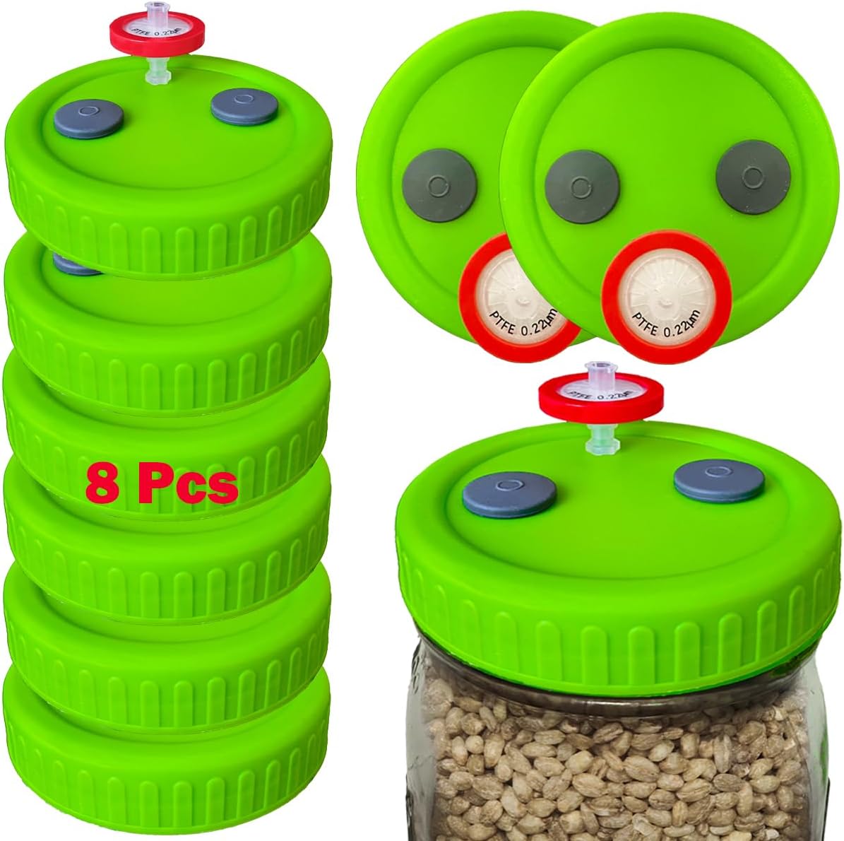 Bluwtpoclan 8Pcs Wide Mouth Liquid Culture Lids,Plastic Mason Jar Lid with 0.22um PTFE Syringe Filter & 20mm Self Healing Injection Ports For Mushroom