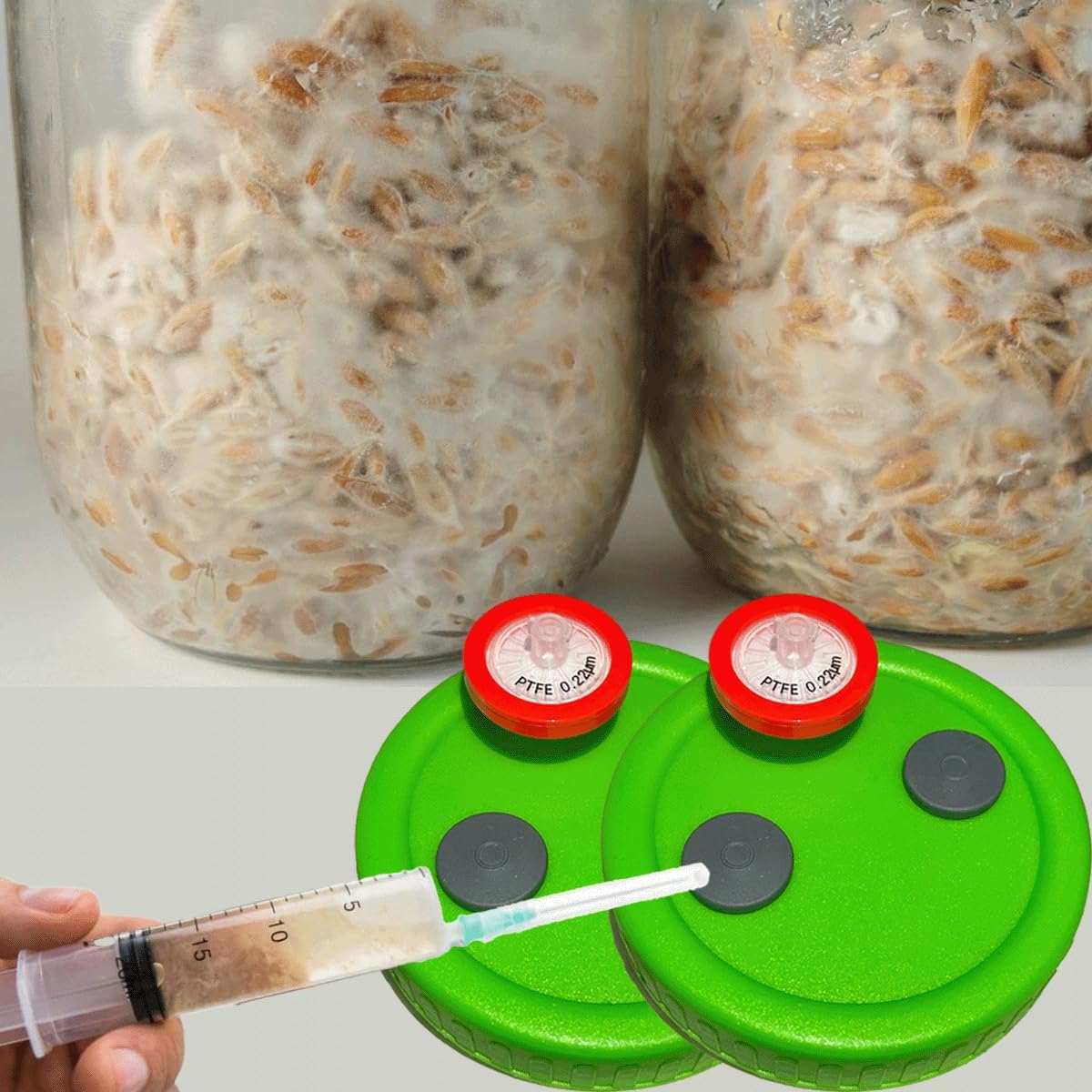 Bluwtpoclan 8Pcs Wide Mouth Liquid Culture Lids,Plastic Mason Jar Lid with 0.22um PTFE Syringe Filter & 20mm Self Healing Injection Ports For Mushroom