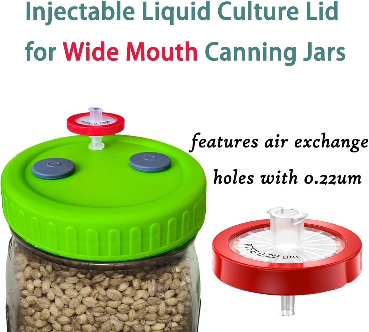 Bluwtpoclan 8Pcs Wide Mouth Liquid Culture Lids,Plastic Mason Jar Lid with 0.22um PTFE Syringe Filter & 20mm Self Healing Injection Ports For Mushroom