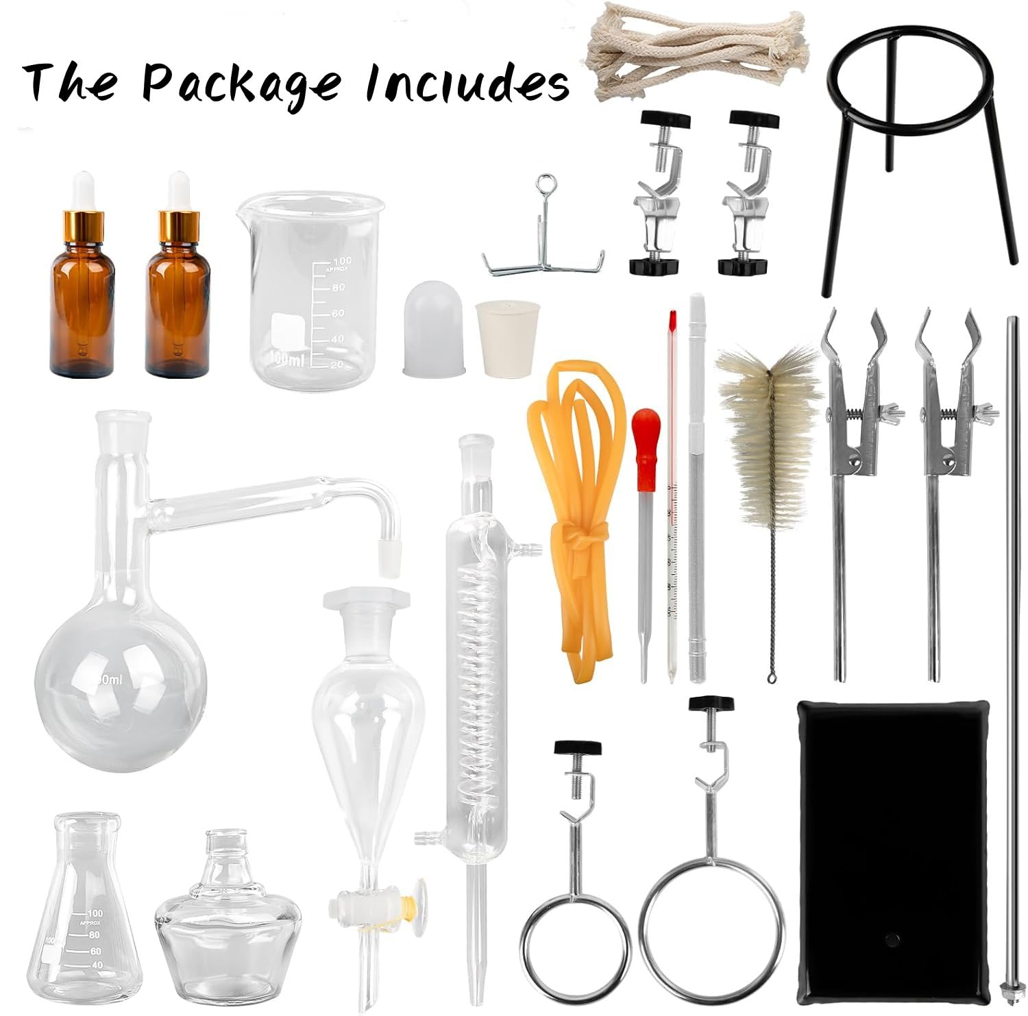 Distillation Kit, 2000ml Distillation Apparatus, 3.3 Bore Lab Glassware 1000W Heating Plate and 24, 40 Joint, 28 pcs Set Glassware Set, Quality Borosilicate Glass Beaker Flask Cylinder Set, Heat Resistan