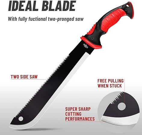 Machete with Saw - 19” Heavy Duty Tool & Sheath - Ergonomic No-Slip Handle - Survival Knife with Serrated Blade - Machetes for Bushcraft Outdoor Hunting...
