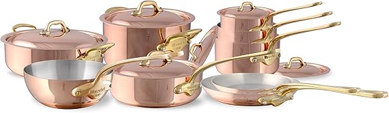 Mauviel M'Heritage 150 B 1.5mm Polished Copper & Stainless Steel 16-Piece Cookware Set With Brass Handles, Made In France