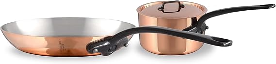 Mauviel M'Heritage 150 CI 1.5mm Polished Copper & Stainless Steel DeLuxe 3-Piece Cookware Set, With Saucepan With Lid, 1.8-Qt and Frying Pan 7.8-In, Cast Iron Handles, Made in France
