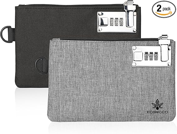 2Pcs Lockable Money Bag - 5x8 Inches Durable Nylon Locking Bank Bag Coin Purse for Cash, Jewelry, Passports, Medicine, Credit Cards and Valuable Storage Cash Pouch (Black & Grey)