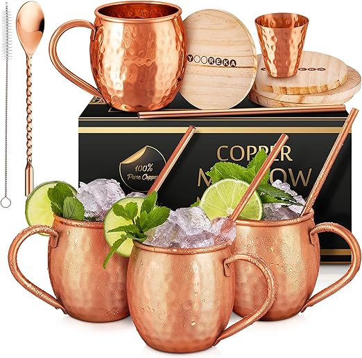 Gift Set Moscow Mule Mugs Set of 4 16 oz Solid Cooper, 100% Pure Copper Cups Handcrafted, Bonus 4 Straws, 4 Wood Coasters, Stirring Spoon, Shot Glass and Cleaning Brush (Oval)