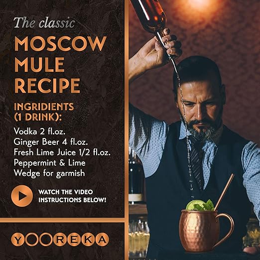 Gift Set Moscow Mule Mugs Set of 4 16 oz Solid Cooper, 100% Pure Copper Cups Handcrafted, Bonus 4 Straws, 4 Wood Coasters, Stirring Spoon, Shot Glass and Cleaning Brush (Oval)