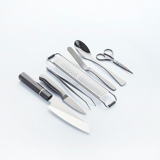 Chef Plating Tools Culinary Set | Black | 7 Professional Cooking Utensils | 3 Kitchen Tweezers Drawing Pencil Spoon Fish Tongs Spatula Slotted Spoon | Modernist Cuisine Food Art