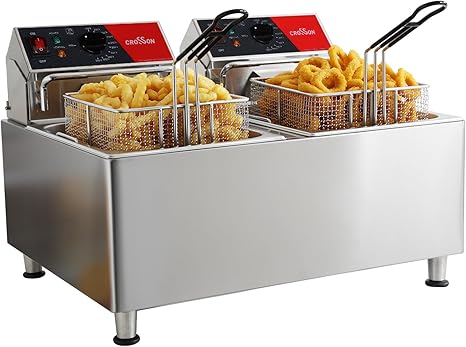 CROSSON ETL Listed 30Lbs Dual Tank Electric Commercial Deep Fryer with Solid Basket,Lid and Height Adjustable Legs for Restaurant Use,8L×2 Commercial Countertop Deep Fryer-120V/3600W(30Amps)