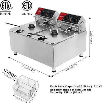 CROSSON ETL Listed 30Lbs Dual Tank Electric Commercial Deep Fryer with Solid Basket,Lid and Height Adjustable Legs for Restaurant Use,8L×2 Commercial Countertop Deep Fryer-120V/3600W(30Amps)