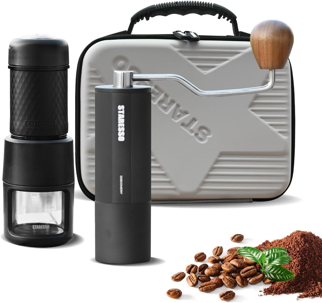 STARESSO Portable Espresso Maker + Coffee Bean Grinder Set with Carrying Bag, Manual Travel Coffee Maker & Burr Coffee Grinder, Waterproof Easy-Carry,...
