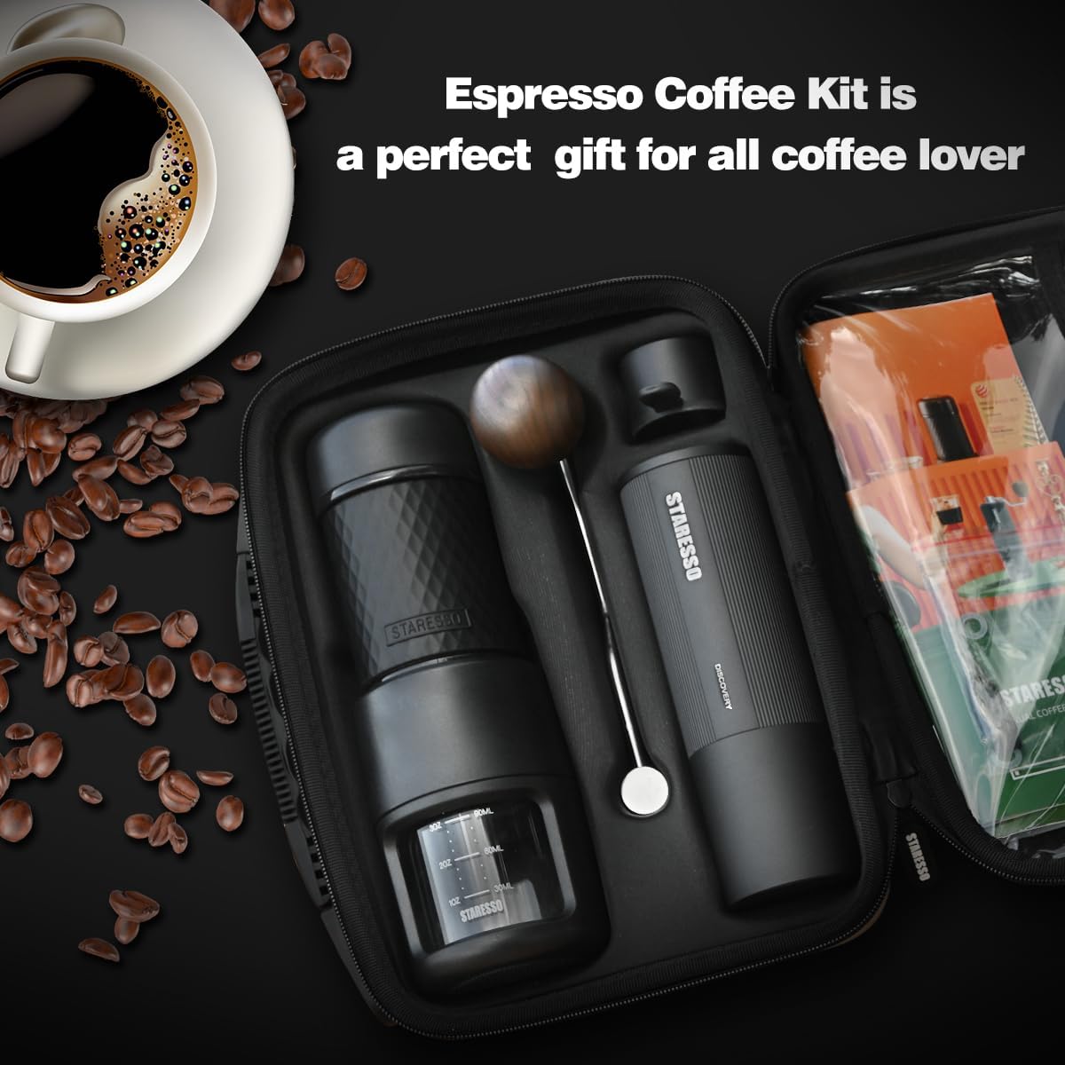 STARESSO Portable Espresso Maker + Coffee Bean Grinder Set with Carrying Bag, Manual Travel Coffee Maker & Burr Coffee Grinder, Waterproof Easy-Carry,...