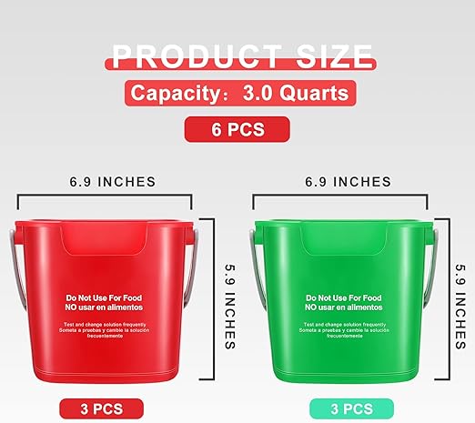 Roshtia 6 Pcs 3 Quart Cleaning Bucket Small Sanitizing Square Bucket Detergent Pail for Home Commercial Restaurant Kitchen Office School (Green, Red)