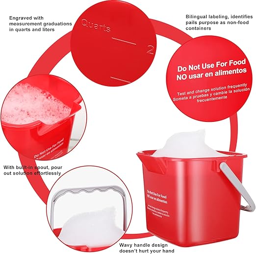 Roshtia 6 Pcs 3 Quart Cleaning Bucket Small Sanitizing Square Bucket Detergent Pail for Home Commercial Restaurant Kitchen Office School (Green, Red)