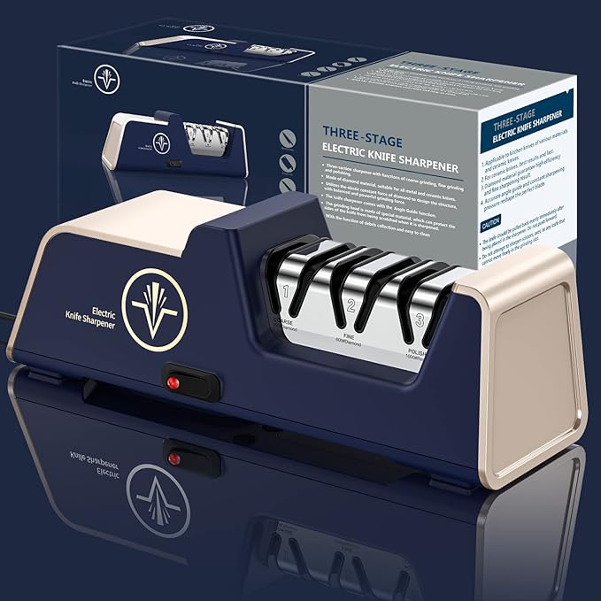 Professional Electric Knife Sharpener with 100% Diamond Abrasives and Precision Angle Guides for Kitchen Straight Edge&Ceramic Knife Work Sharp, 3-stage Champagne Gold, afilador de cuchillos