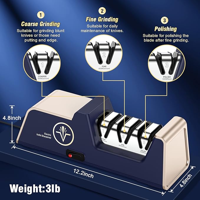 Professional Electric Knife Sharpener with 100% Diamond Abrasives and Precision Angle Guides for Kitchen Straight Edge&Ceramic Knife Work Sharp, 3-stage Champagne Gold, afilador de cuchillos