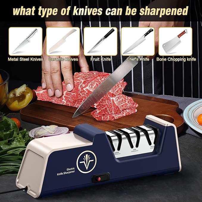Professional Electric Knife Sharpener with 100% Diamond Abrasives and Precision Angle Guides for Kitchen Straight Edge&Ceramic Knife Work Sharp, 3-stage Champagne Gold, afilador de cuchillos