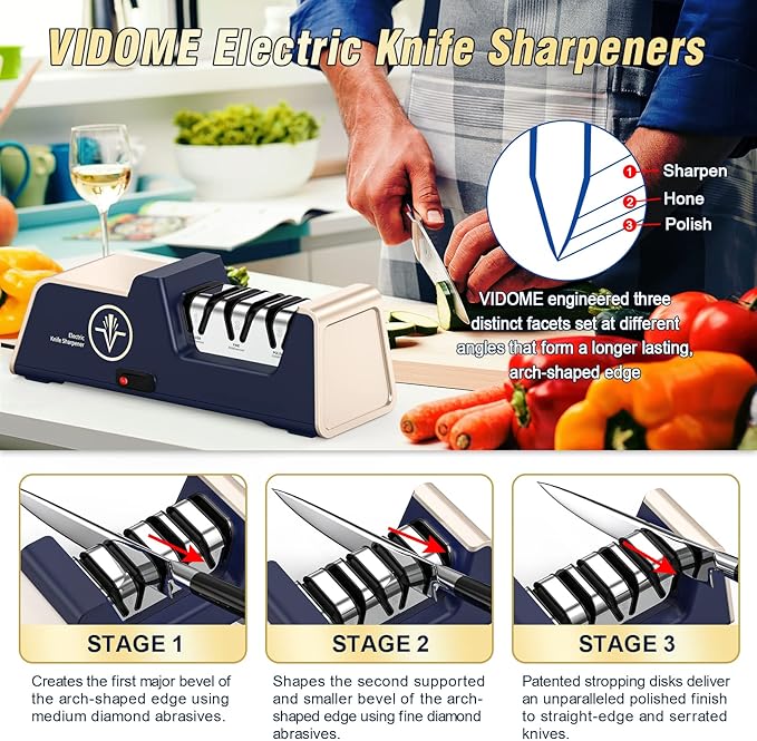 Professional Electric Knife Sharpener with 100% Diamond Abrasives and Precision Angle Guides for Kitchen Straight Edge&Ceramic Knife Work Sharp, 3-stage Champagne Gold, afilador de cuchillos