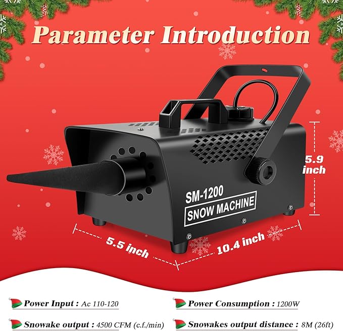 Snow Machine, 1200W Wireless Remote Control Snow Maker Machine