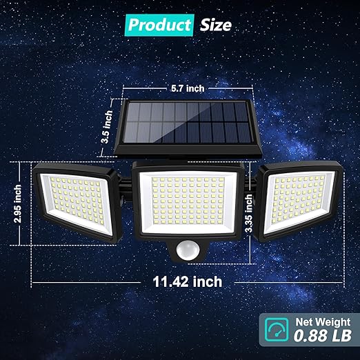 Tuffenough Solar Outdoor Lights 2500LM 210 LED Security Lights with Remote Control,3 Heads Motion Sensor Lights, IP65 Waterproof,270° Wide Angle Flood Wall Lights with 3 Modes(2 Packs)