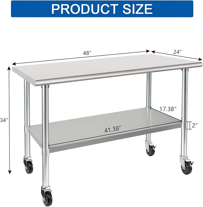 HARDURA Stainless Steel Table Prep & Work Table 24 x 48 Inches NSF Heavy Duty Commercial with Undershelf and Backsplash for Restaurant Kitchen Home and Hotel