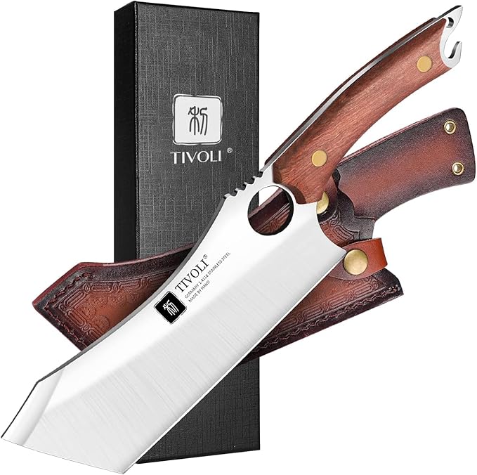 TIVOLI Meat Cleaver Knife Japanese Kitchen Vegetable Knife Sharp Meat Cleaver Forged In Fire Full Tang Cleaver Knife with Sheath Bottle Opener for Outdoor Camping Father's Day Gift Men Women