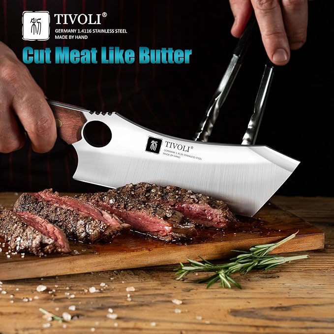 TIVOLI Meat Cleaver Knife Japanese Kitchen Vegetable Knife Sharp Meat Cleaver Forged In Fire Full Tang Cleaver Knife with Sheath Bottle Opener for Outdoor Camping Father's Day Gift Men Women