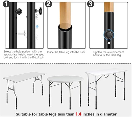 Folding Table risers for Folding Tables Straight/Bent Leg, Dural Folding Table Leg Extensions 4 Levels/Heights Table Leg Extenders-All for Treating Your Back Pain(4-Pack)