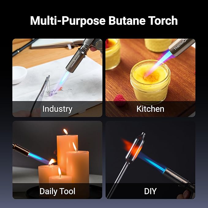 Metal Butane Torch, Kitchen Torch Lighter, Refillable Cooking Blow Torch, Fit All Butane Tanks with Adjustable Flame for Culinary Food, Brulee, Baking, Soldering, DIY (Fuel Not Included)