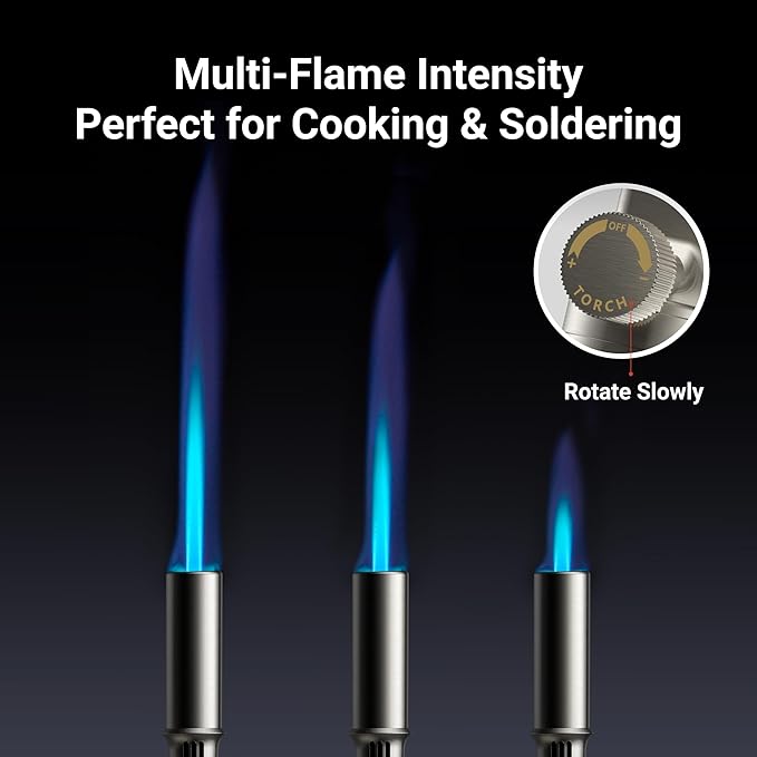 Metal Butane Torch, Kitchen Torch Lighter, Refillable Cooking Blow Torch, Fit All Butane Tanks with Adjustable Flame for Culinary Food, Brulee, Baking, Soldering, DIY (Fuel Not Included)