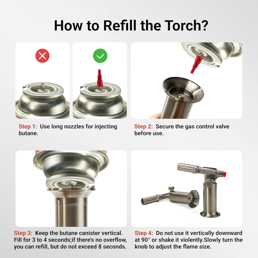 Metal Butane Torch, Kitchen Torch Lighter, Refillable Cooking Blow Torch, Fit All Butane Tanks with Adjustable Flame for Culinary Food, Brulee, Baking, Soldering, DIY (Fuel Not Included)