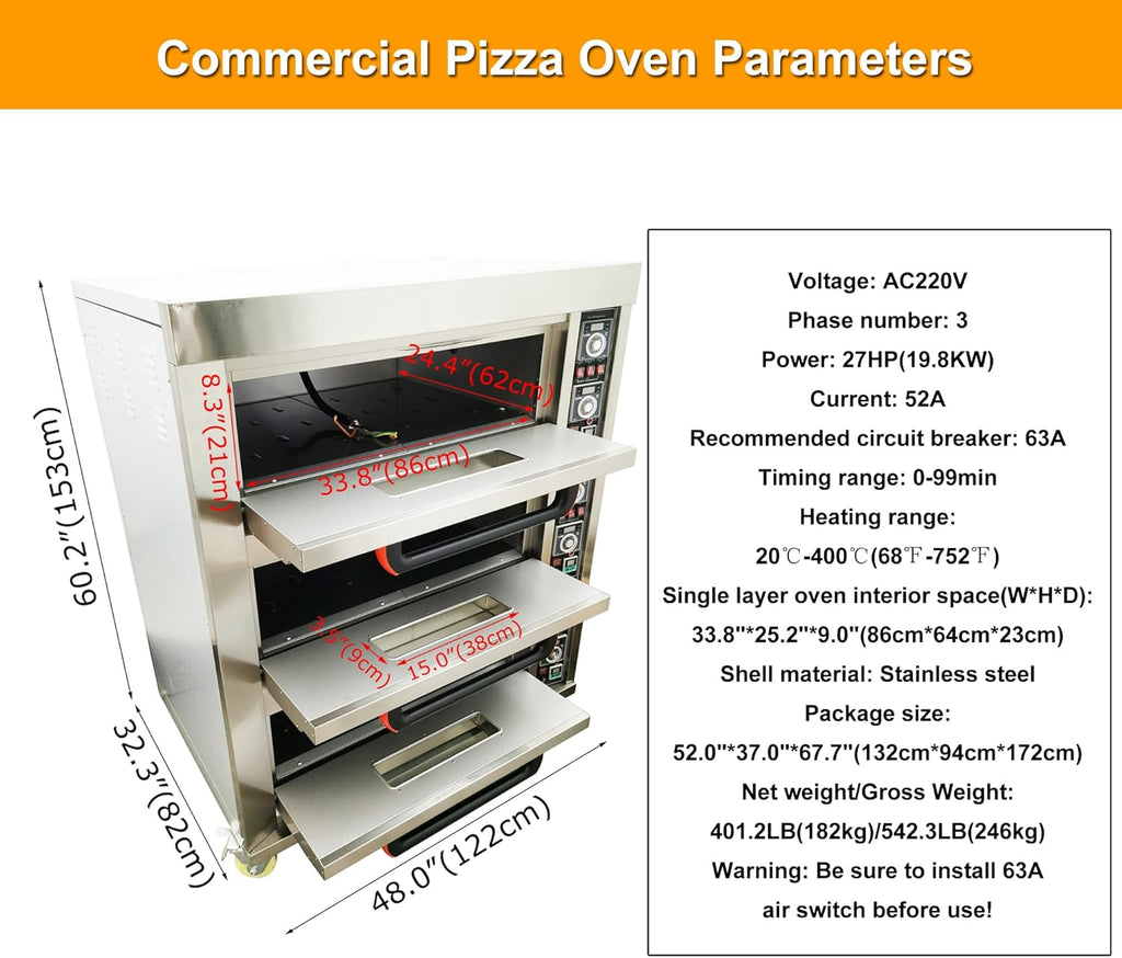 INTSUPERMAI Commercial Pizza Oven Electricity Bakery Oven Stainless Steel Oven 6 Tray 3 Layer 220V 19.8KW