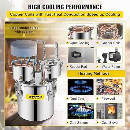 VEVOR Alcohol Still, 5Gal / 19L Alcohol Distiller with Thumper Keg, Distillery Kit for Alcohol with Copper Tube, Build-in Thermometer & Water Pump for Wine Whisky Brandy