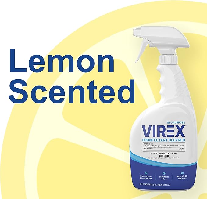 VIREX Diversey CBD540540 All Purpose Disinfectant Cleaner- Kills 99.9% of Germs and Eliminates Odors, Lemon Scent, Ready-to-Use Spray, 32-Ounce (Pack of 4)