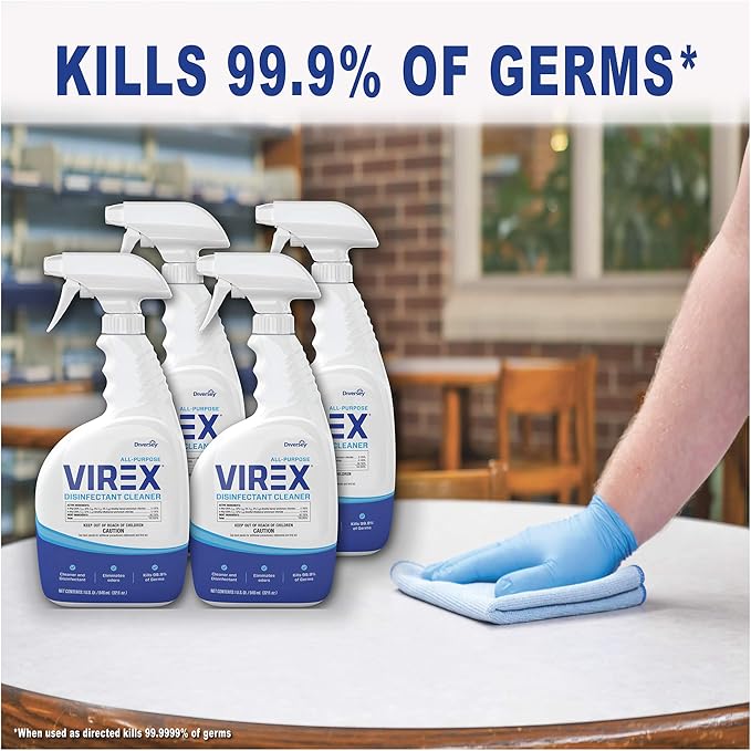 VIREX Diversey CBD540540 All Purpose Disinfectant Cleaner- Kills 99.9% of Germs and Eliminates Odors, Lemon Scent, Ready-to-Use Spray, 32-Ounce (Pack of 4)