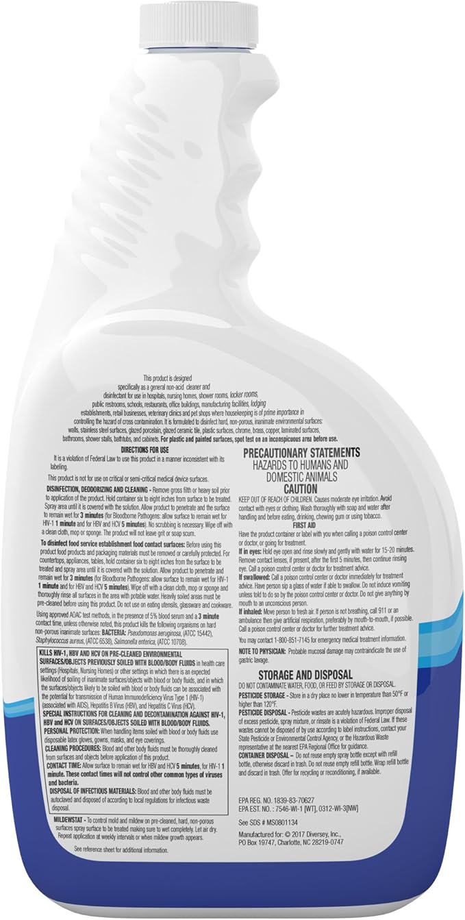 VIREX Diversey CBD540540 All Purpose Disinfectant Cleaner- Kills 99.9% of Germs and Eliminates Odors, Lemon Scent, Ready-to-Use Spray, 32-Ounce (Pack of 4)