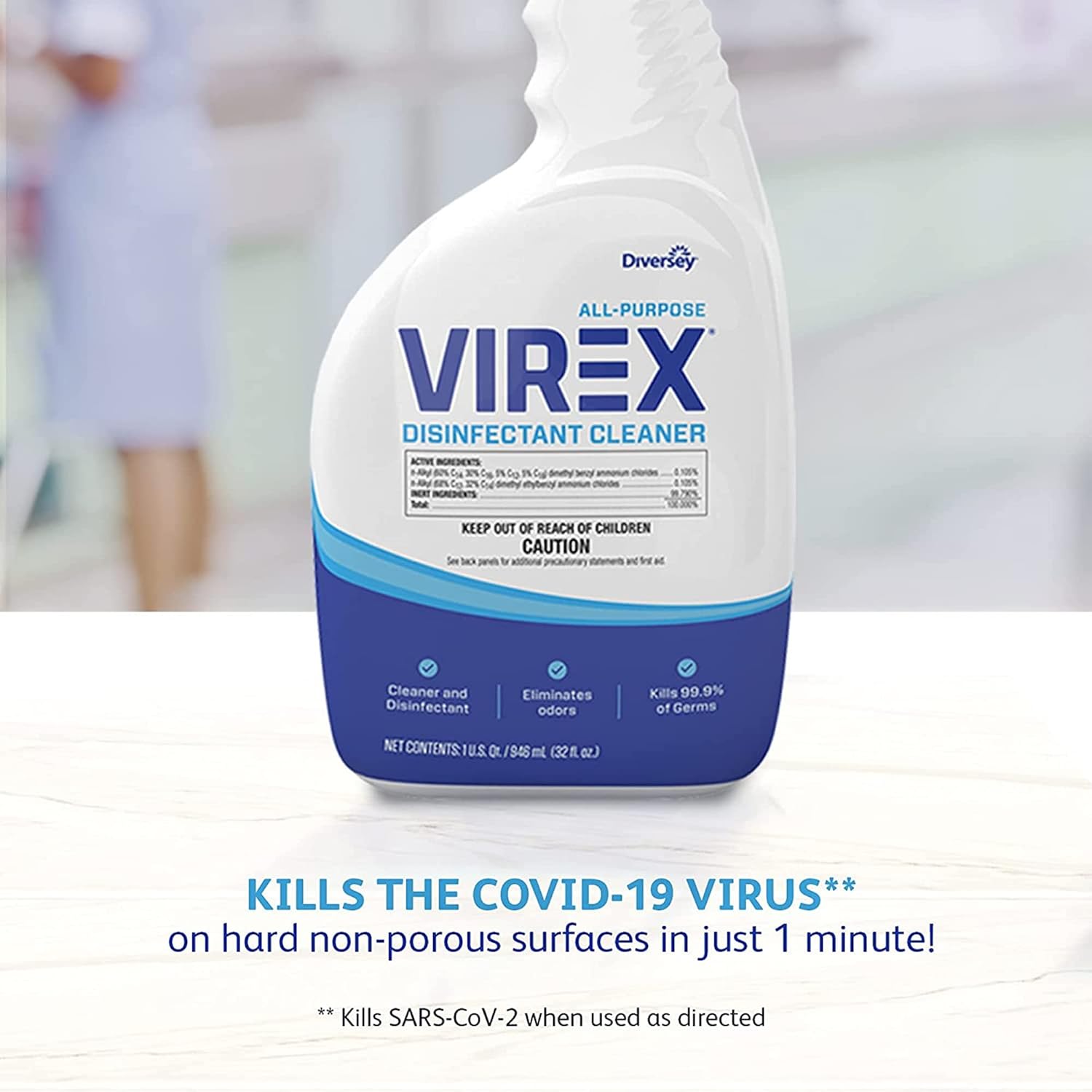 VIREX Diversey CBD540540 All Purpose Disinfectant Cleaner- Kills 99.9% of Germs and Eliminates Odors, Lemon Scent, Ready-to-Use Spray, 32-Ounce (Pack of 4)