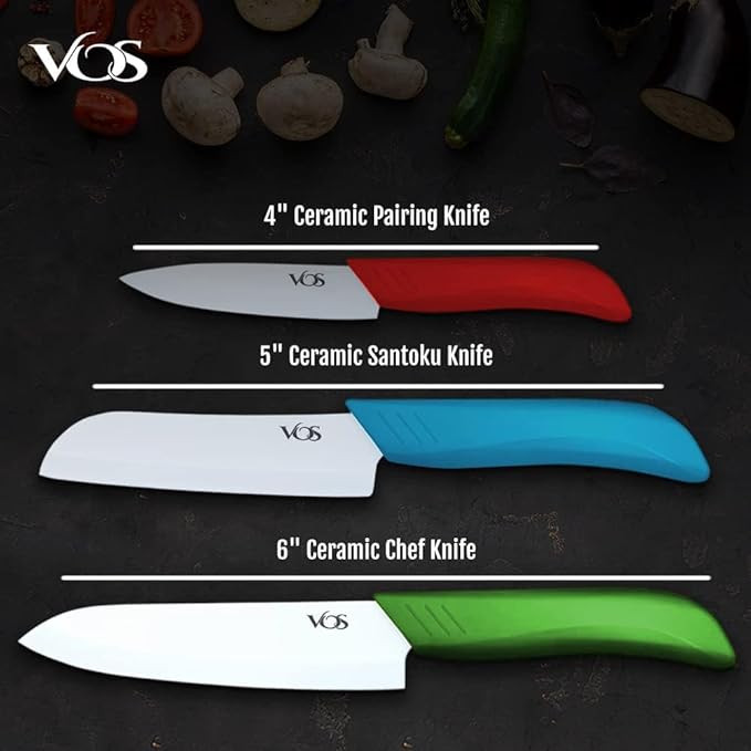Vos Ceramic Knife Set, Ceramic Knives Set For Kitchen, Ceramic Kitchen Knives With Covers, Ceramic Paring Knife 4", 5", 6" Inch Red