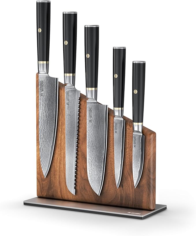 Yatoshi Magnetic Kitchen Knife Block Set 6 Pcs - Japanese 67 Layer High-Grade VG-10 Damascus Steel Knives