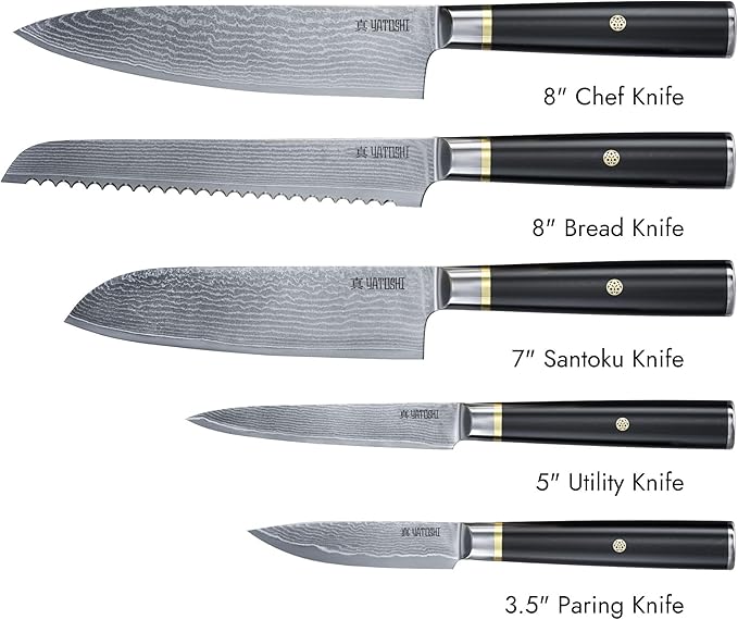 Yatoshi Magnetic Kitchen Knife Block Set 6 Pcs - Japanese 67 Layer High-Grade VG-10 Damascus Steel Knives