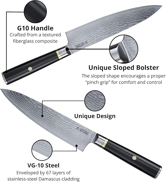 Yatoshi Magnetic Kitchen Knife Block Set 6 Pcs - Japanese 67 Layer High-Grade VG-10 Damascus Steel Knives