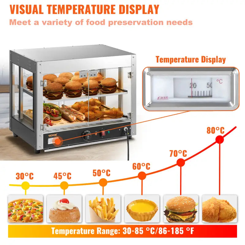 Commercial Food Warmer Display, 2 Tiers, 800W Pizza Warmer w/ 3D Heating 3-Color Lighting Bottom Fan, Countertop Pastry Warmer w/Temp Knob & Display 0.6L Water Tray, Stainless Frame Glass Doors