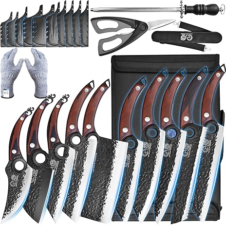 XYJ Professional Kitchen Knife Set with High-Carbon Steel Forged Blades, Chef's Knife, Cleaver, Carving Knife, Nakiri, Full Tang Design