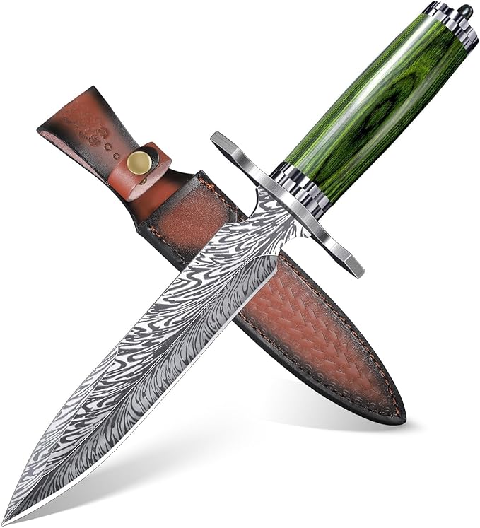 Fixed Blade Knife with Leather Sheath, Feather Survival Camping Knives D2 Steel with Green Pakkawood Handle, Full Tang Bushcraft for Outdoor Use