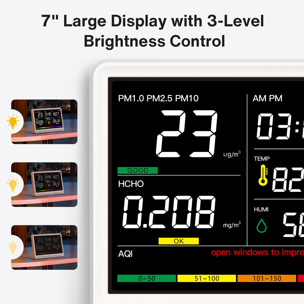 16 in 1 Air Quality Monitor Indoor 7" Display 9 AQI+7 AQI Alerts Air Quality Meter
