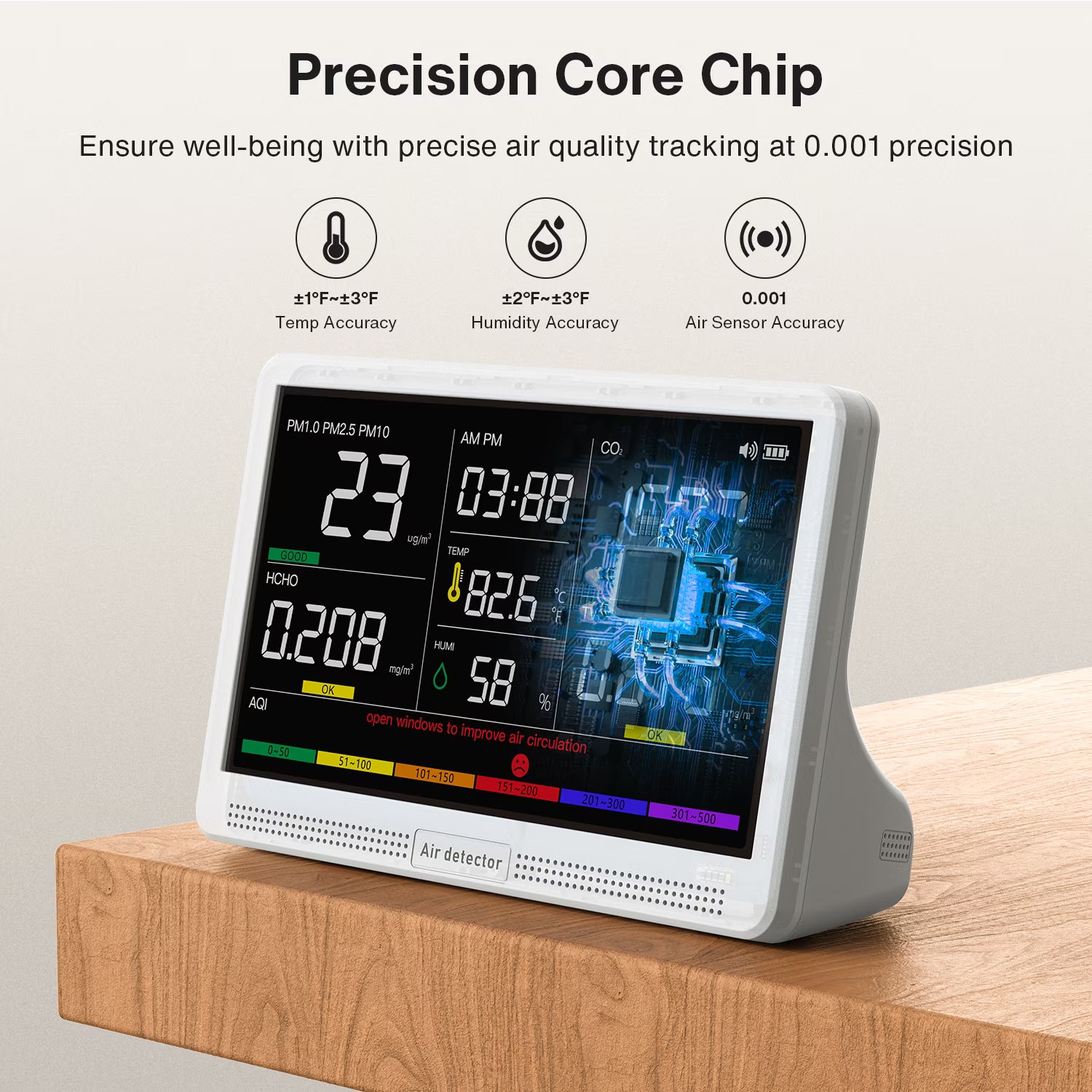 16 in 1 Air Quality Monitor Indoor 7" Display 9 AQI+7 AQI Alerts Air Quality Meter