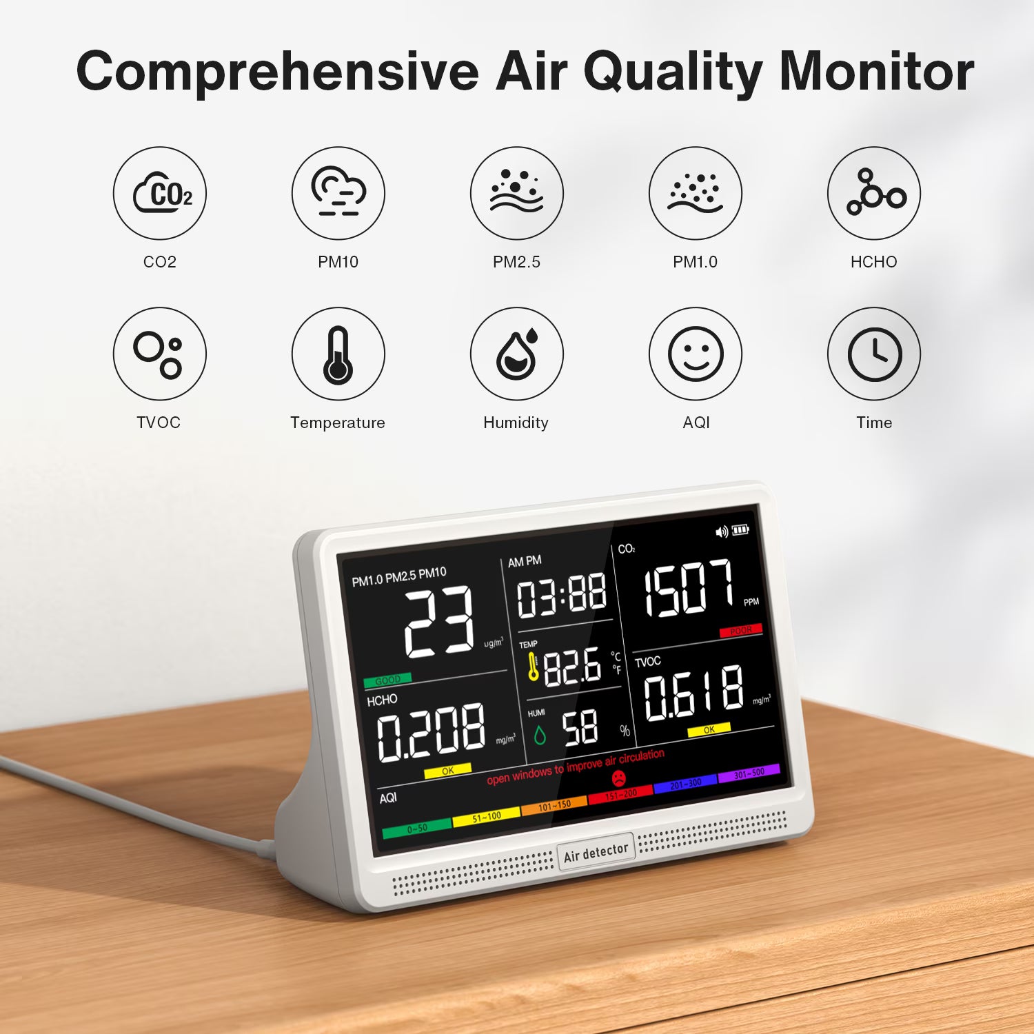 16 in 1 Air Quality Monitor Indoor 7" Display 9 AQI+7 AQI Alerts Air Quality Meter
